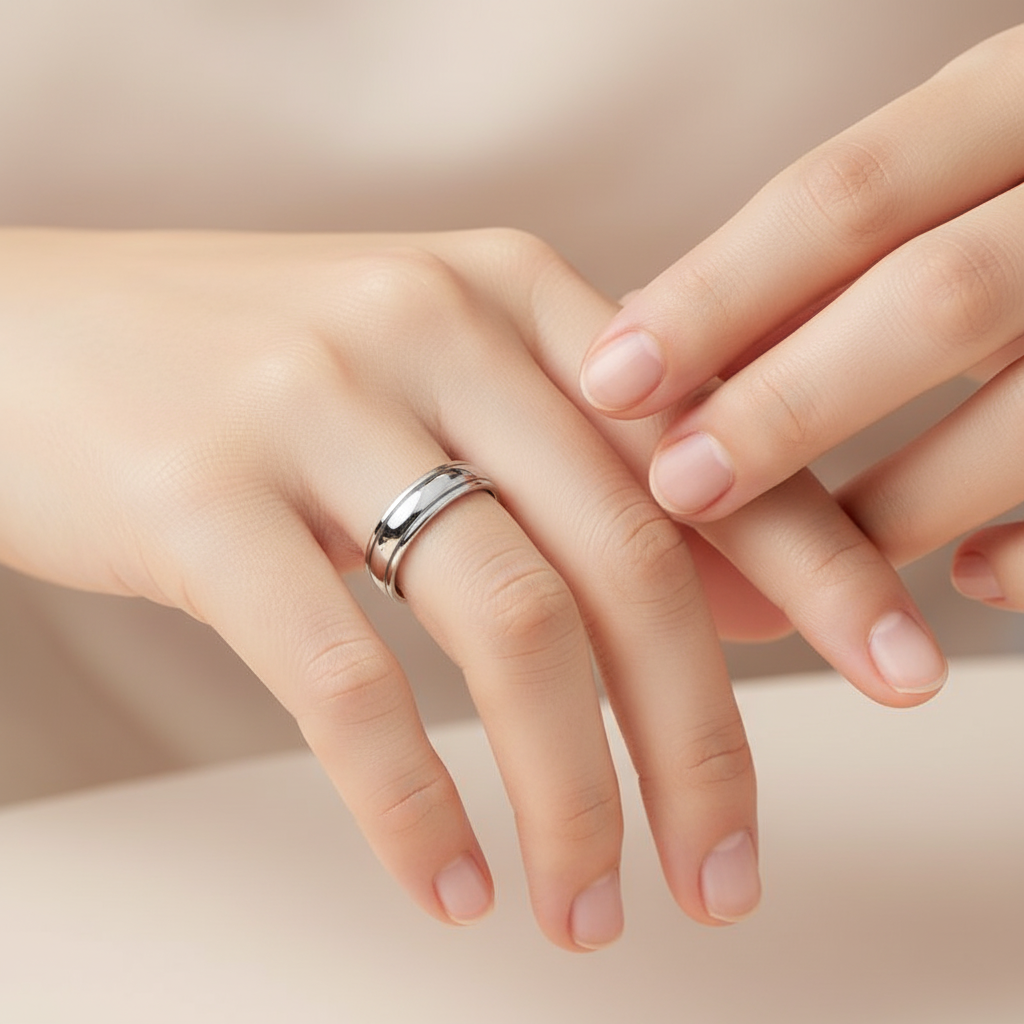 Close-up of a hand wearing a silver spinning ring