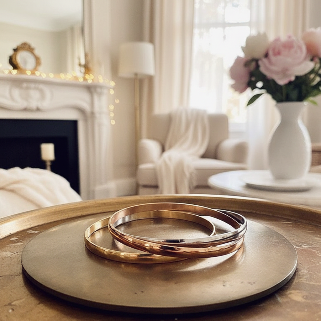 Tri-one colored bangle on a round wooden surface with a cozy living room in the background