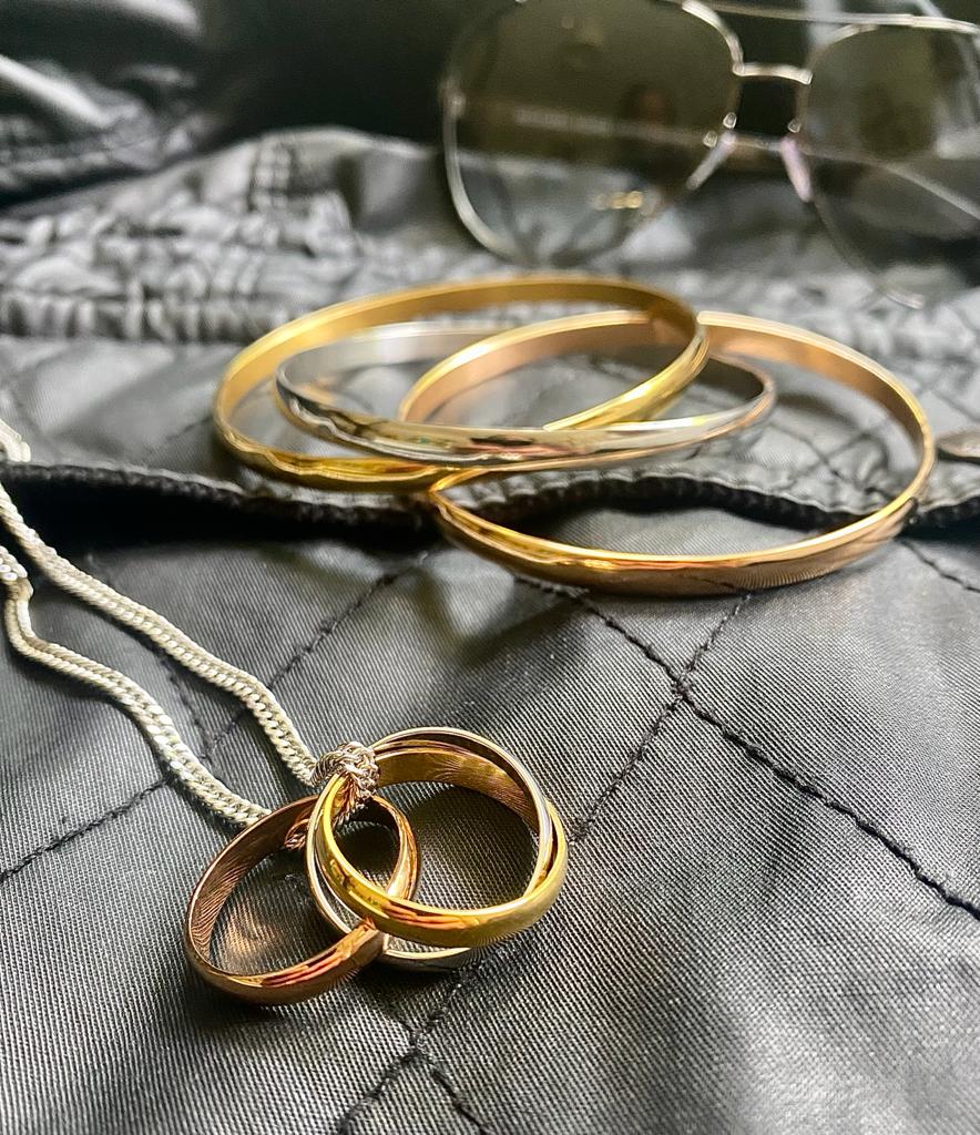 Stimm Triple Ring Necklace and bangle in tri tone gold colors